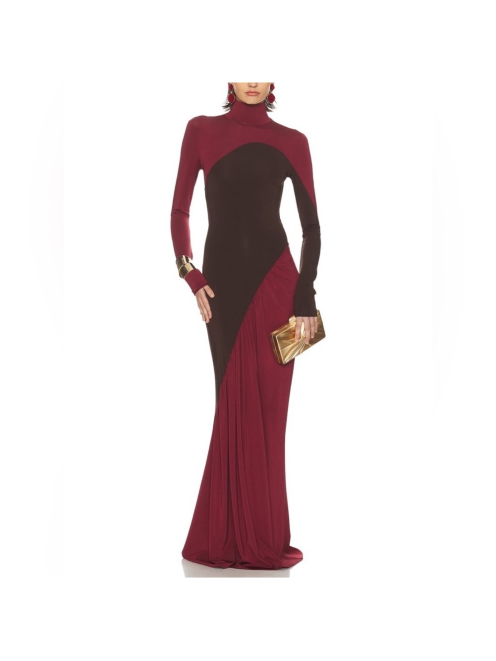 The Abstraction Colorblocked Long-Sleeve Jersey Gown in Coffee Bean and Currant